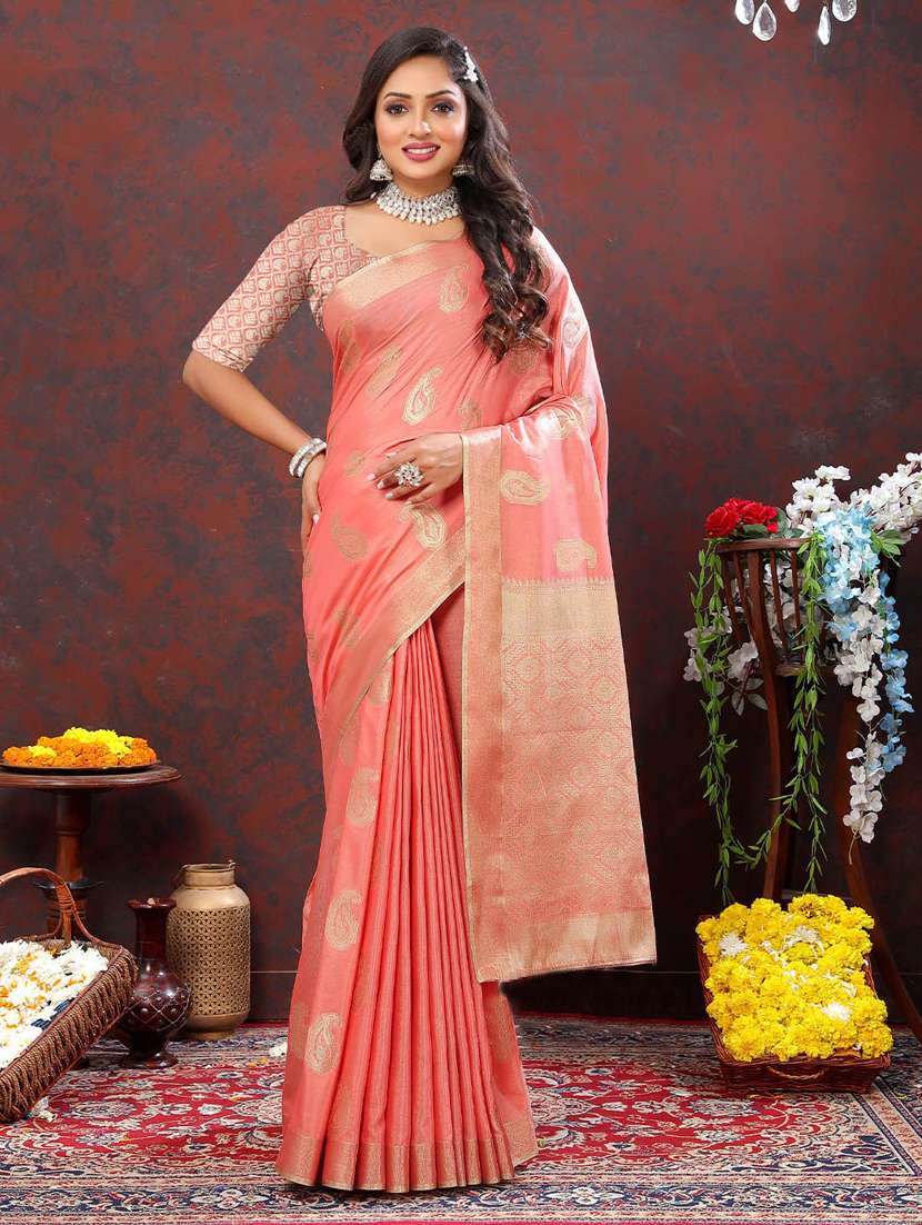 women peach banarasi saree with blouse