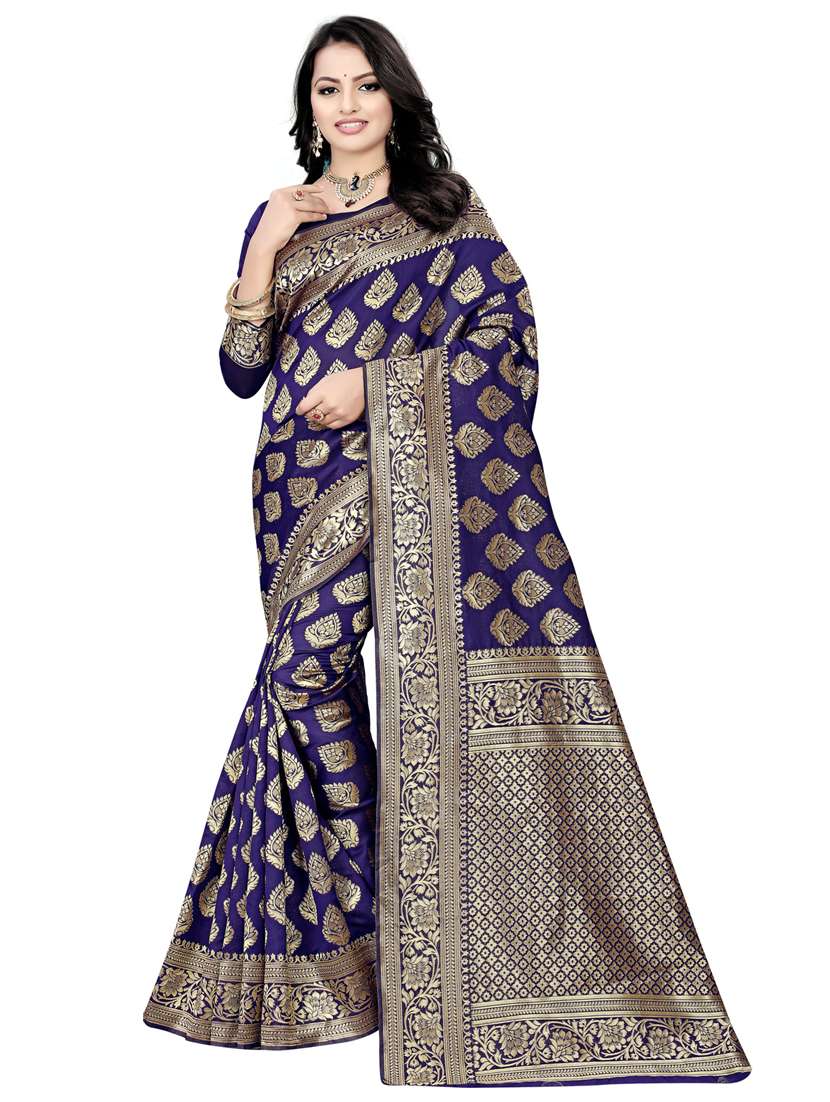 women dark blue banarasi saree with blouse