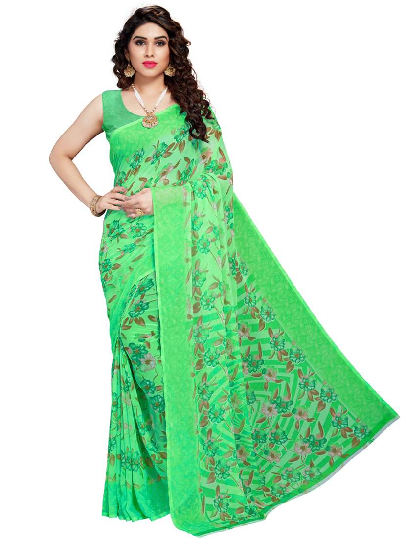 women green printed saree with blouse