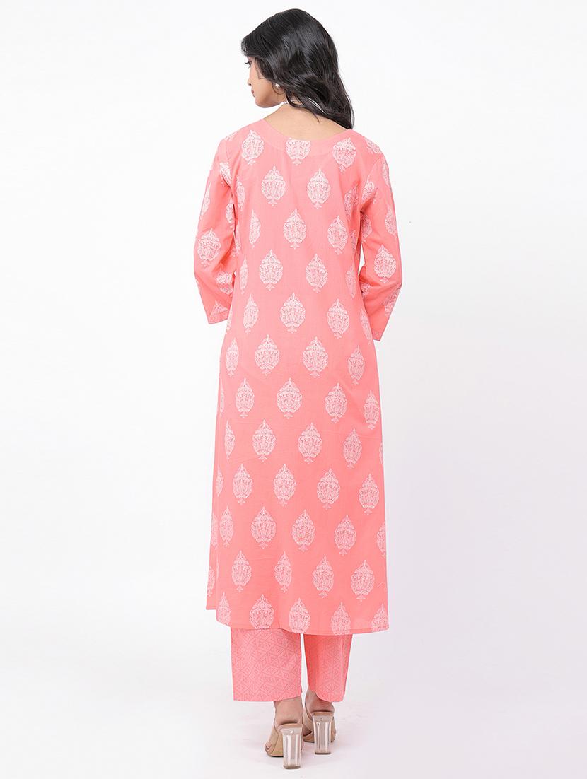 women peach block printed kurta palazzo set - 21320609 - Standard Image - 2