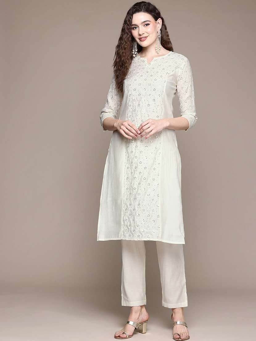 women sequin work notch neck kurta pant set