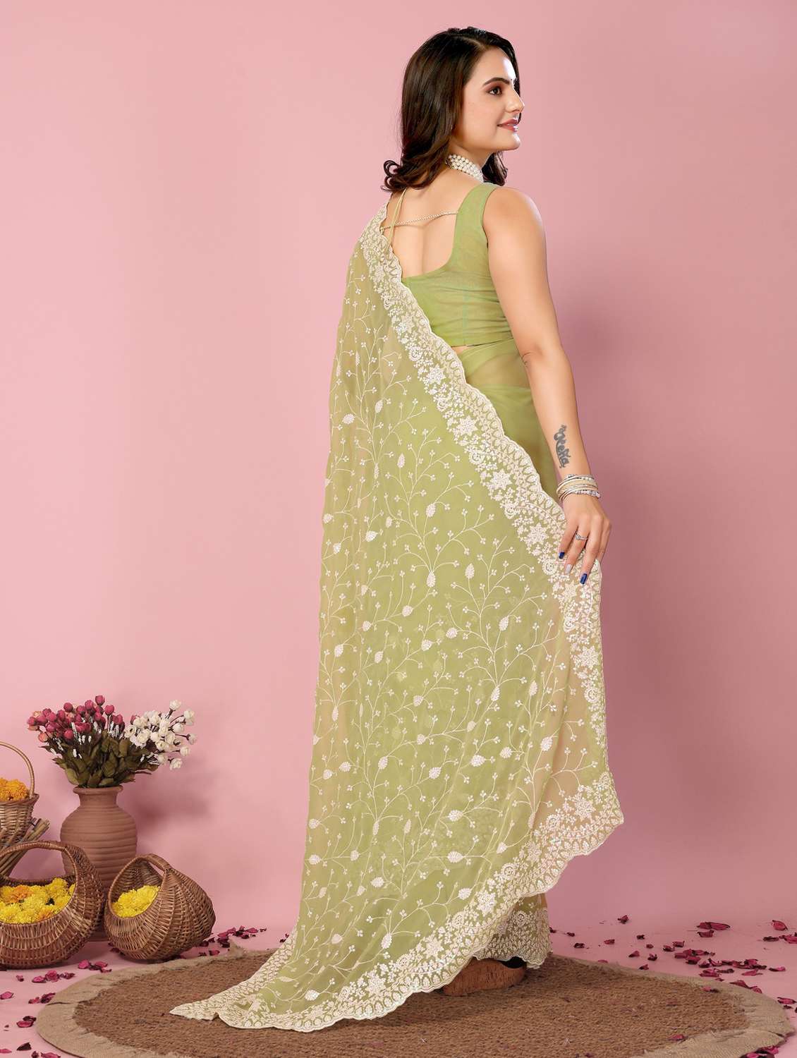 neon georgette embroidered saree with blouse - 21320777 -  Standard Image - 2