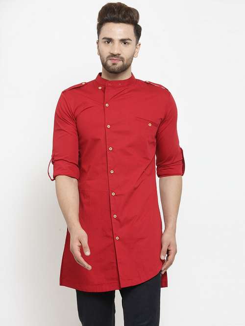 red solid cotton short kurta - 21324630 - Standard Image - 0