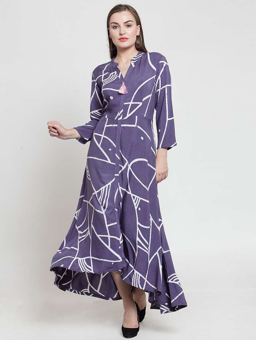 women printed long sleeve high-low dress