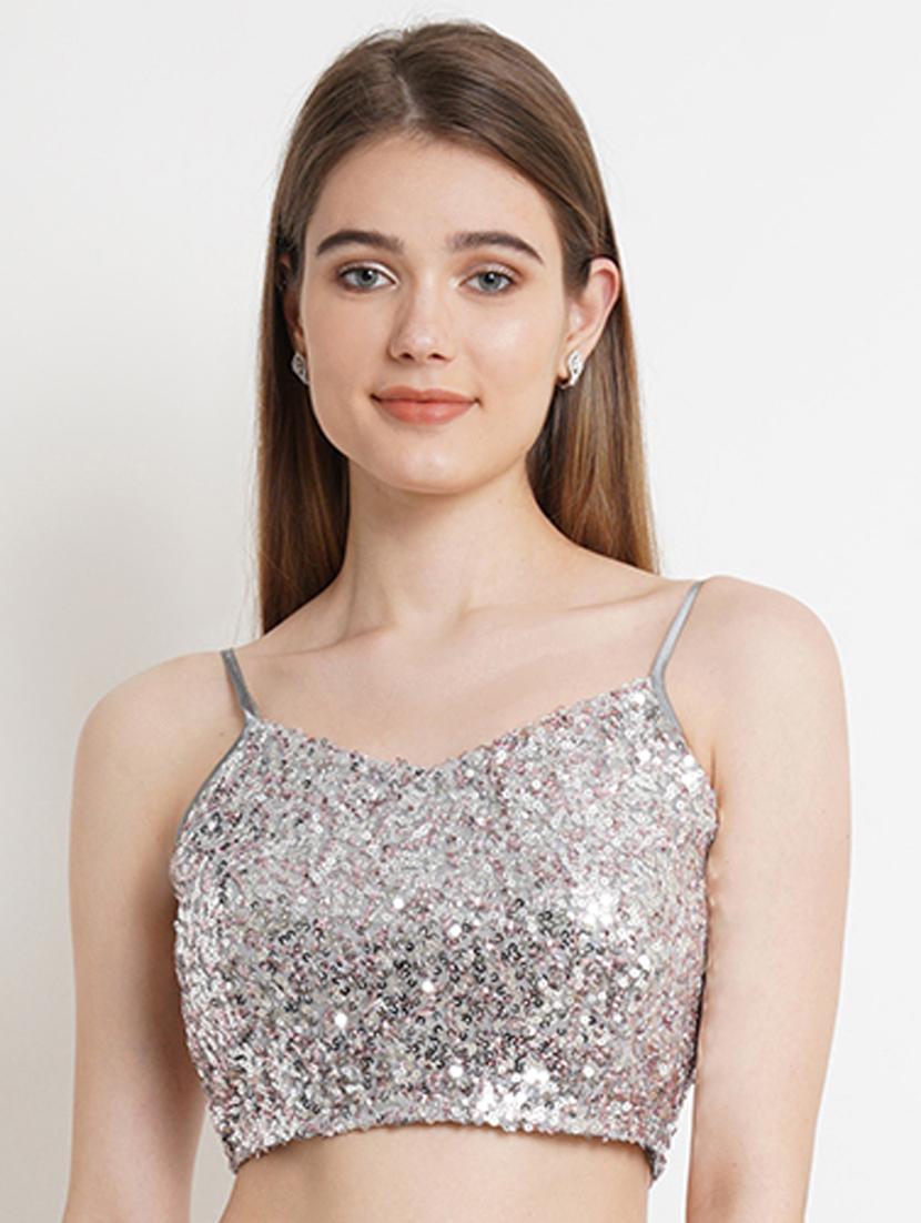 women silver polyester crop top - 21324751 -  Zoom Image - 0