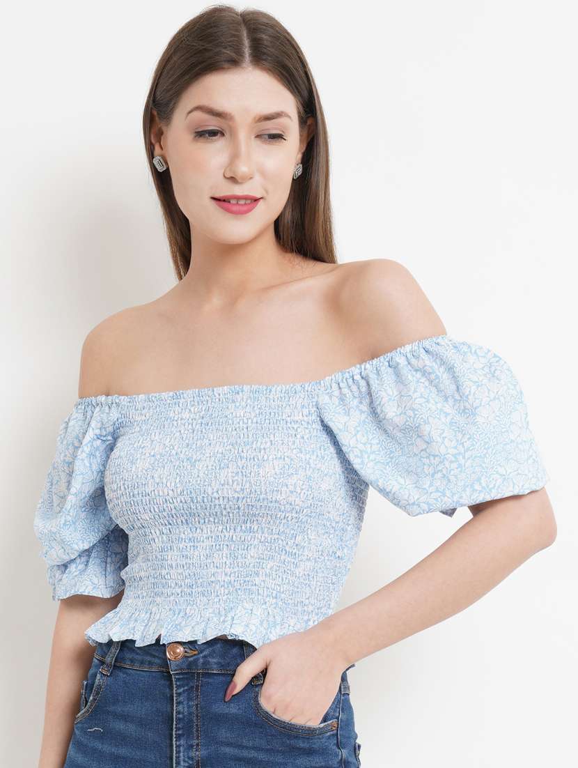 women light blue smocked crop top
