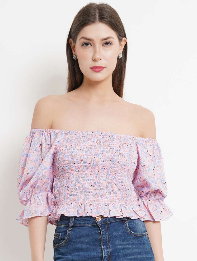 women pink smocked crop top