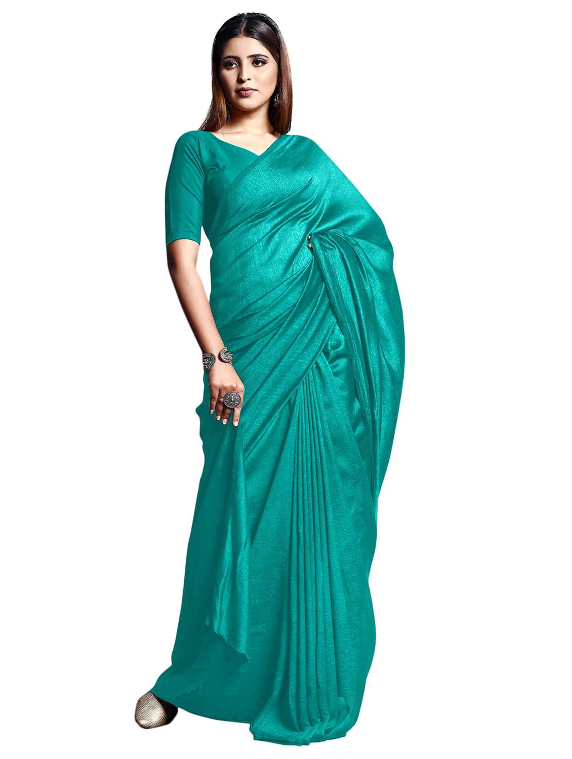 women turquoise plain saree with blouse