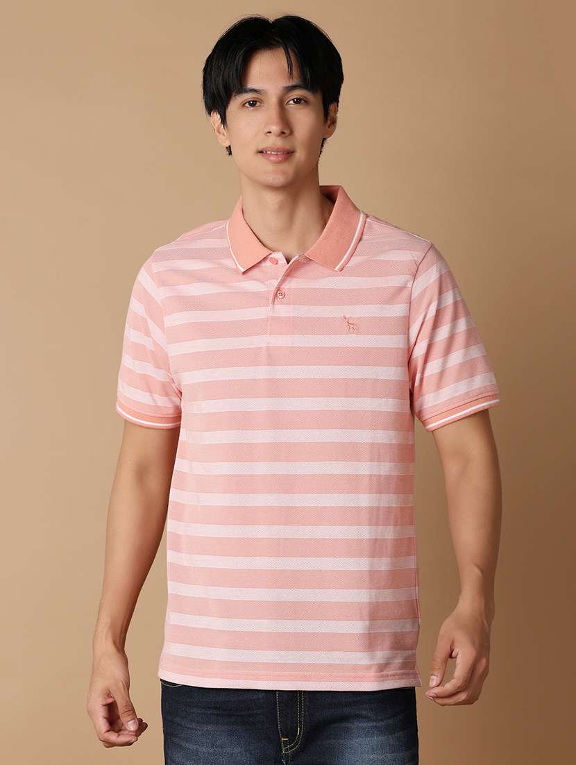 men peach regular fit striped polo t-shirt