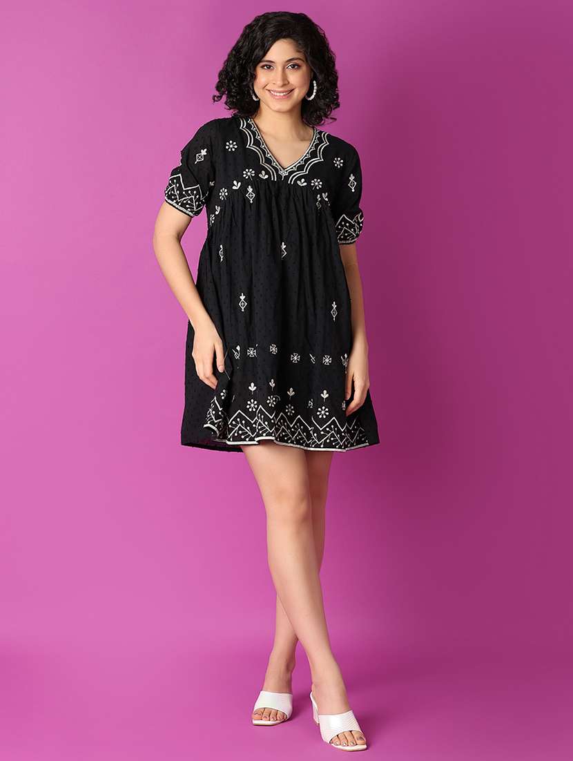 women black embroidered fit & flare dress