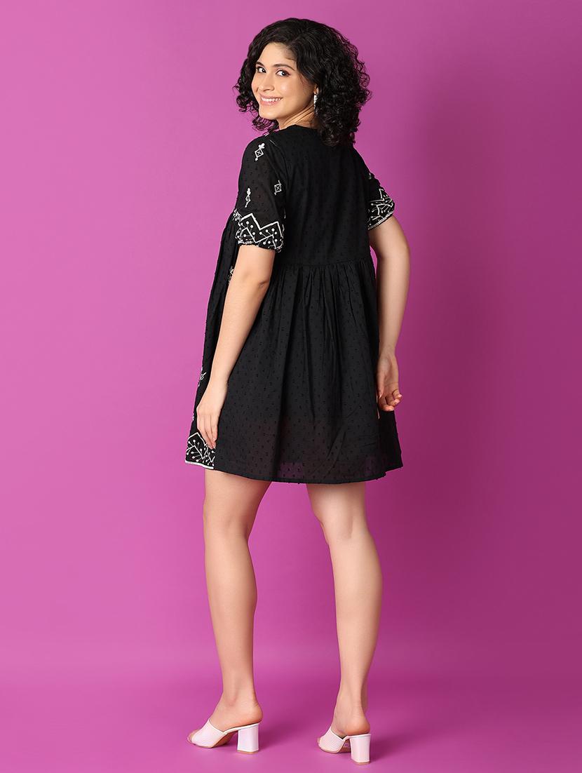 women black embroidered fit & flare dress - 21325028 - Standard Image - 2