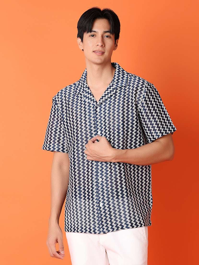 men navy blue cotton casual shirt