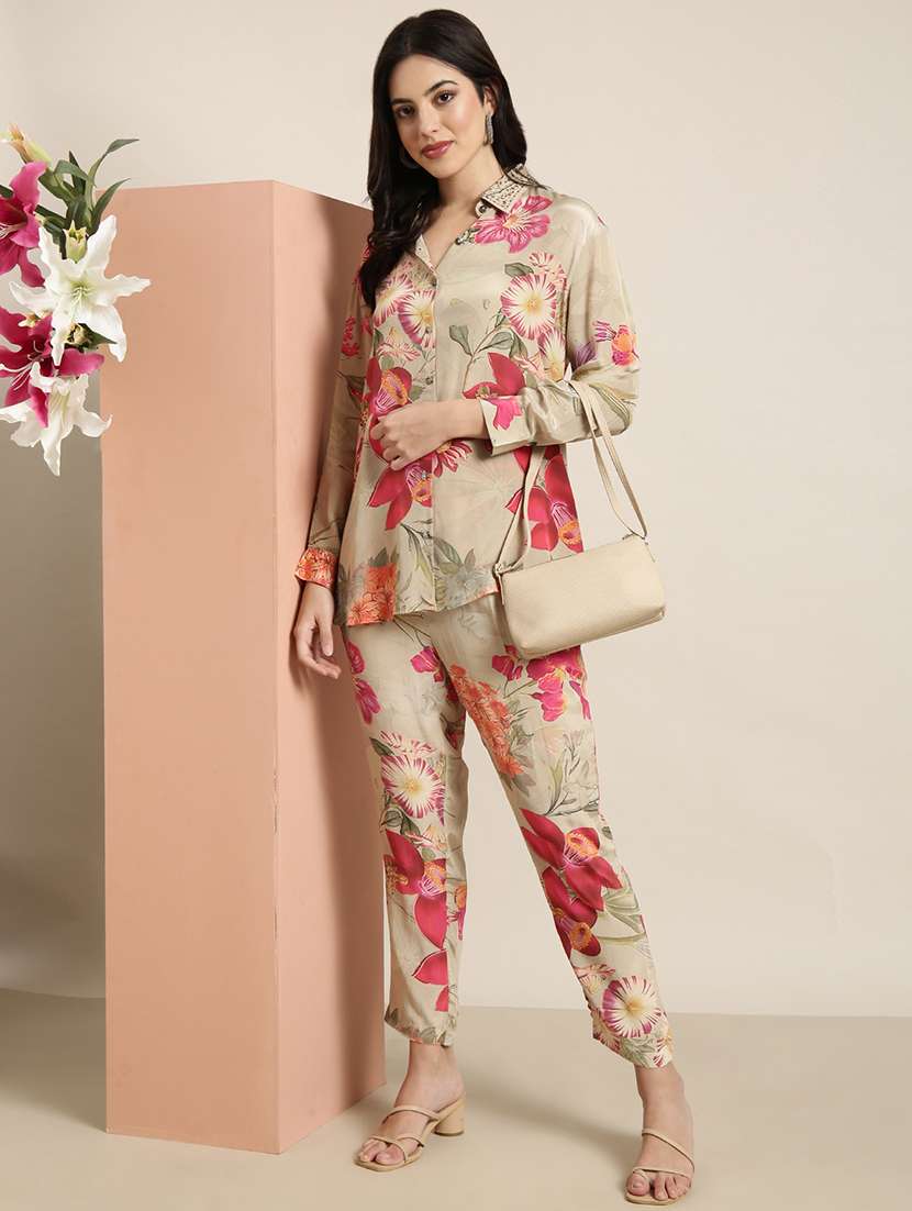 women beige viscose shirt and trouser co-ord set - 21325486 - Zoom Image - 0