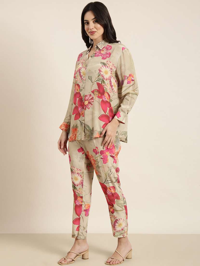 women beige viscose shirt and trouser co-ord set - 21325486 - Standard Image - 2