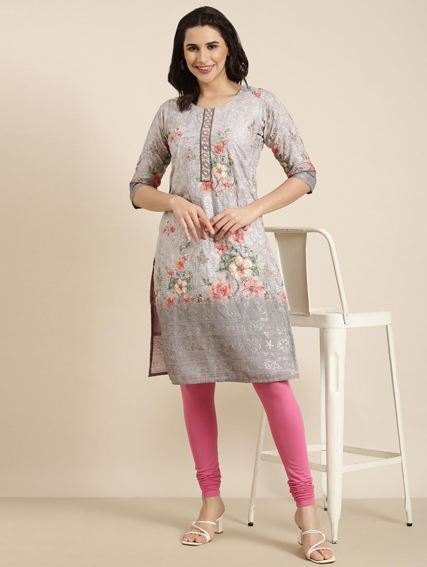 grey floral printed straight kurta - 21325540 - Zoom Image - 0