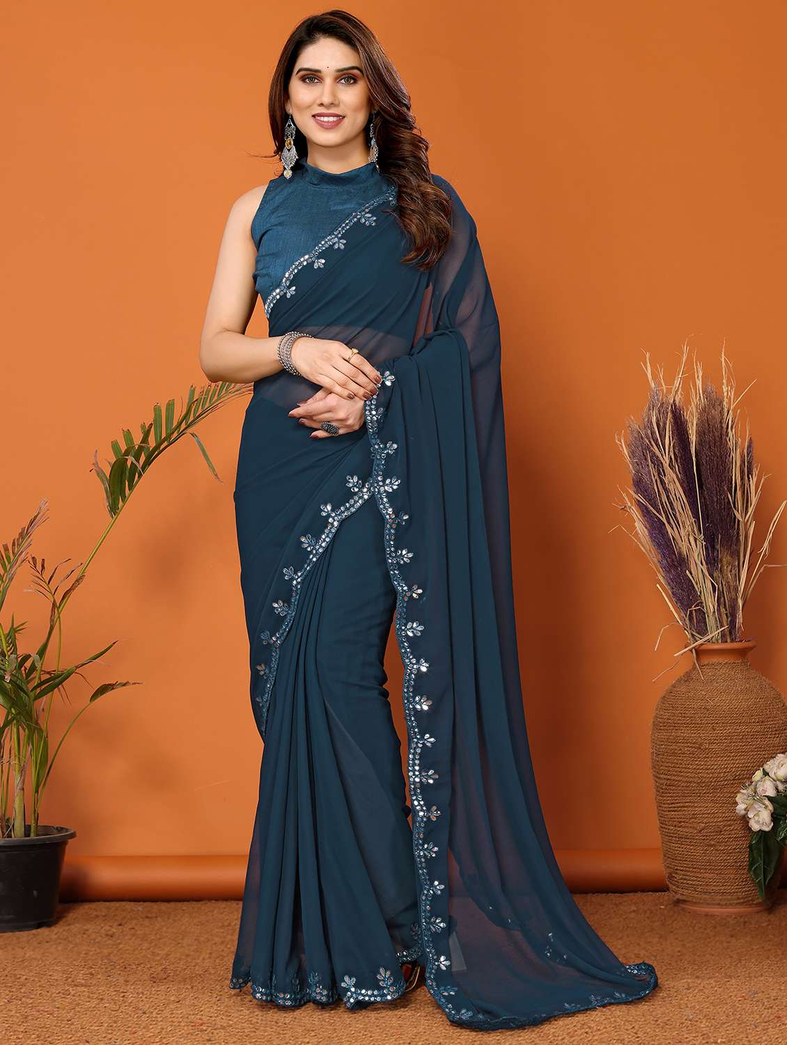 women solid with work saree with blouse