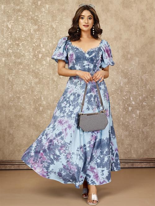 komarri elegant tie n dye corset dress in modal twill with sweetheart neckline & raglan  sleeves-blue - 21328796 -  Standard Image - 0