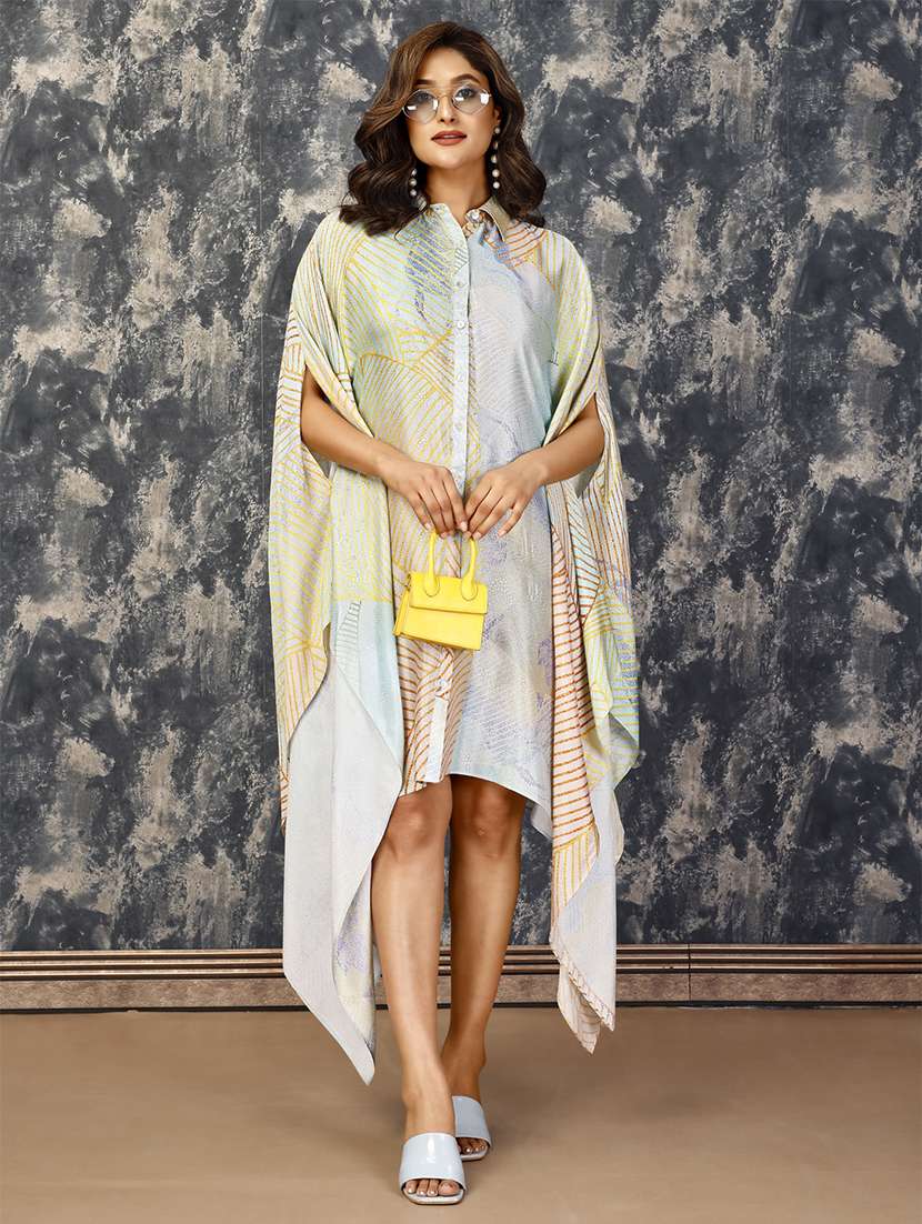 komarri elegant kaftan styled pure viscose jacquard fabric shirt dress  -malti colour 