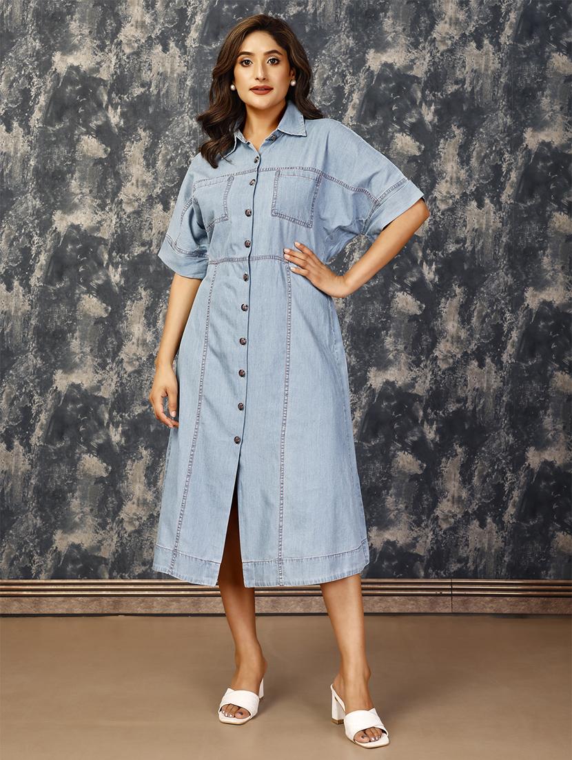 komarri chic tencele denim kimono styled panel dress with pockets with metal buttons-blue - 21328805 - Zoom Image - 0