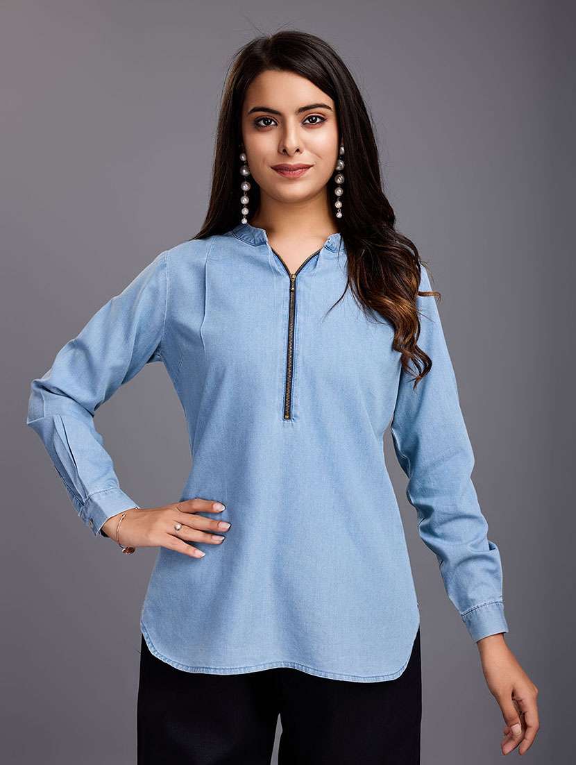 komarri casual tencele denim top with half zipper mandarin collar & roll-up sleeves - blue