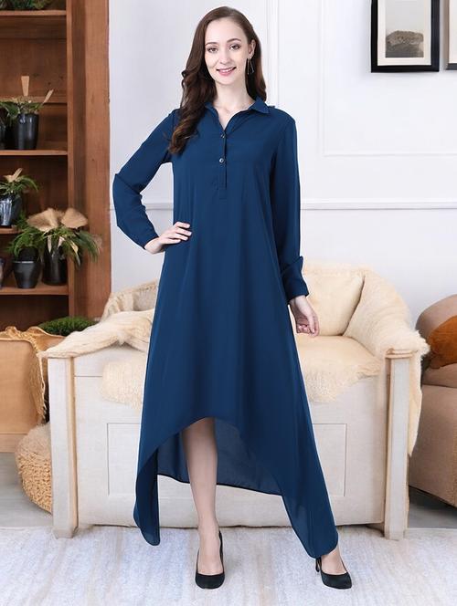 women blue viscose high low dress - 21331358 - Standard Image - 0