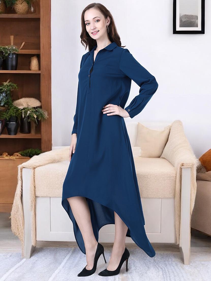 women blue viscose high low dress - 21331358 - Standard Image - 2