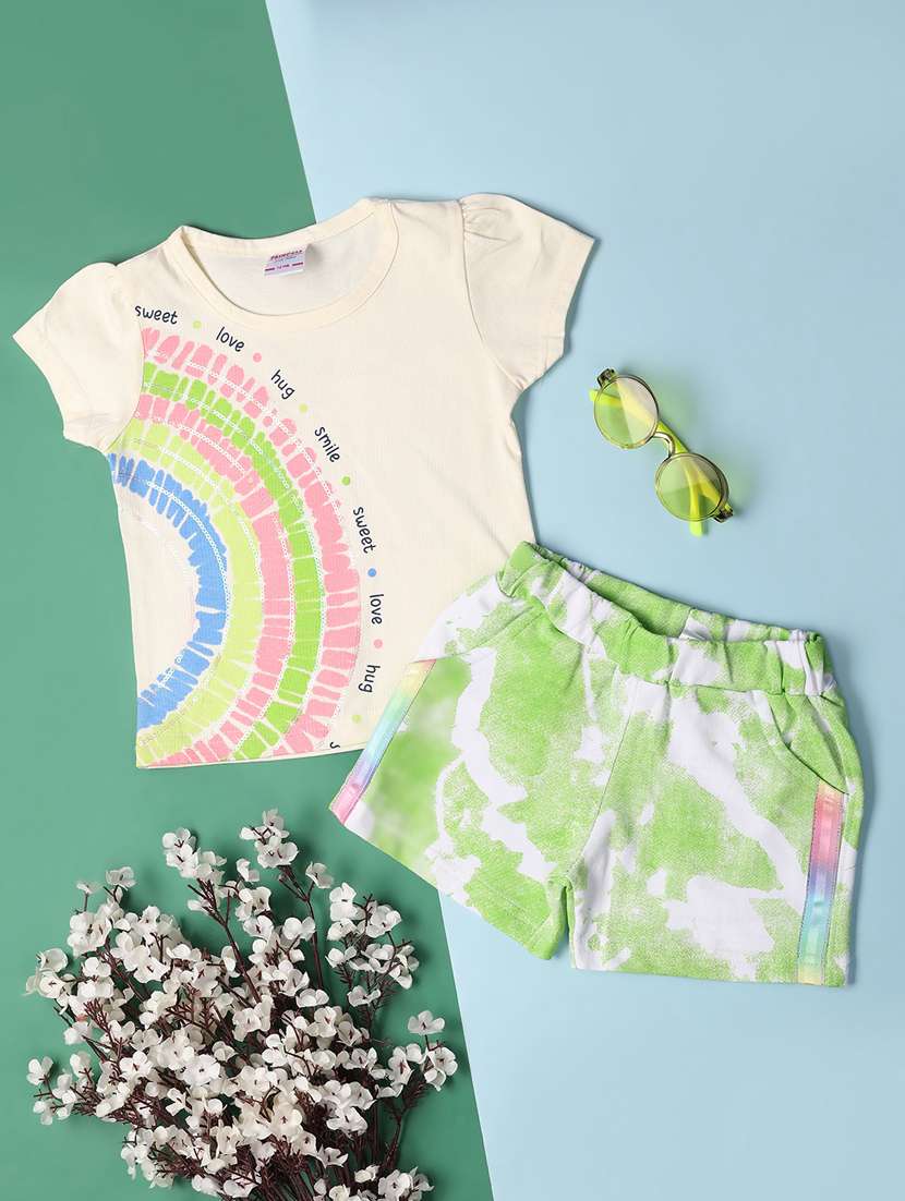 girls round neck printed shorts set