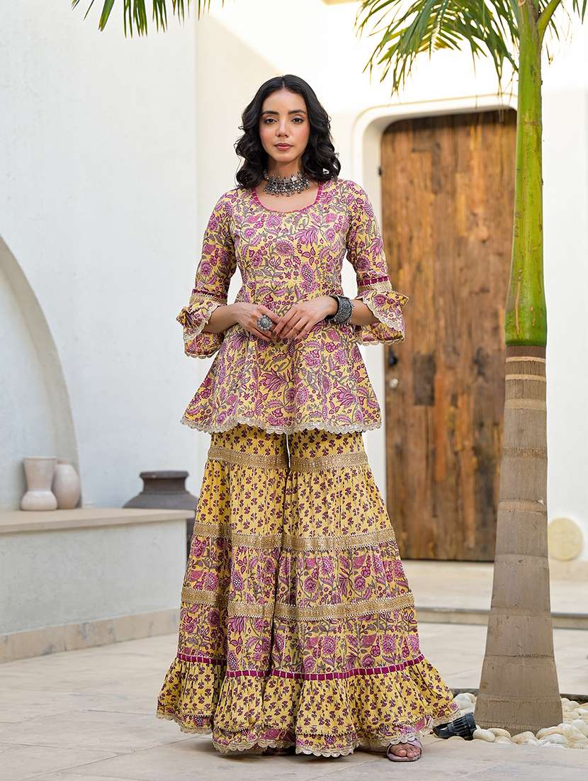 women multicolored floral printed kurta sharara set