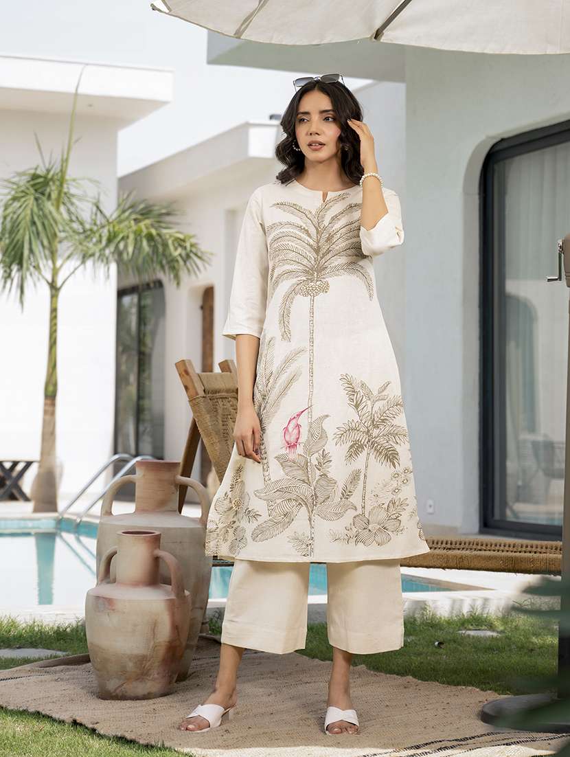 women off white printed kurta palazzo set