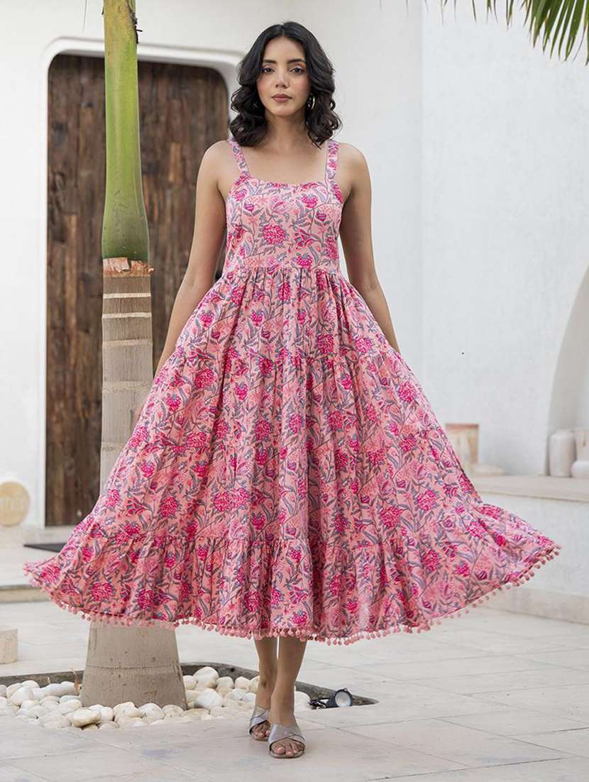 women pink cotton fit & flare ethnic dress