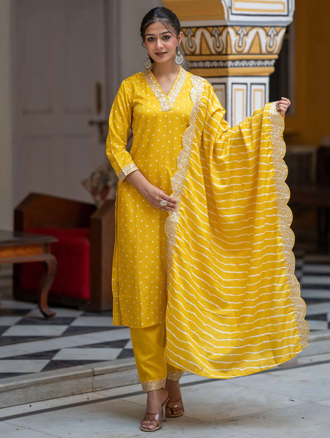 women three quarter sleeve kurta pant with dupatta set