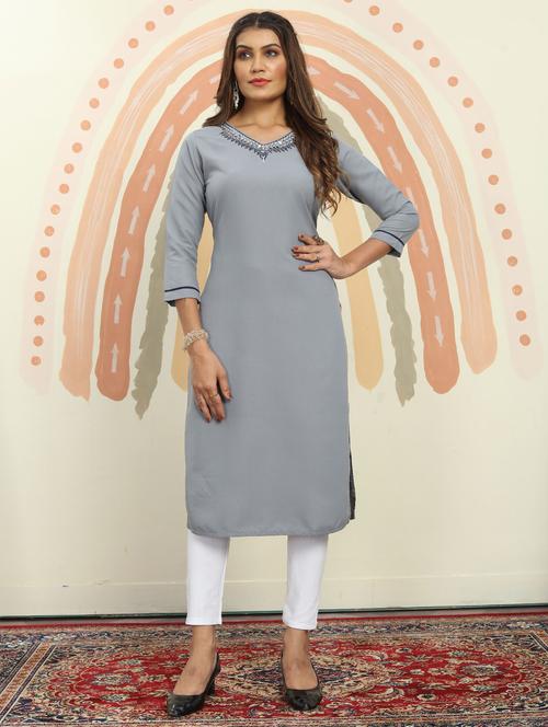 women grey cotton blend straight kurta - 21332904 - Standard Image - 0