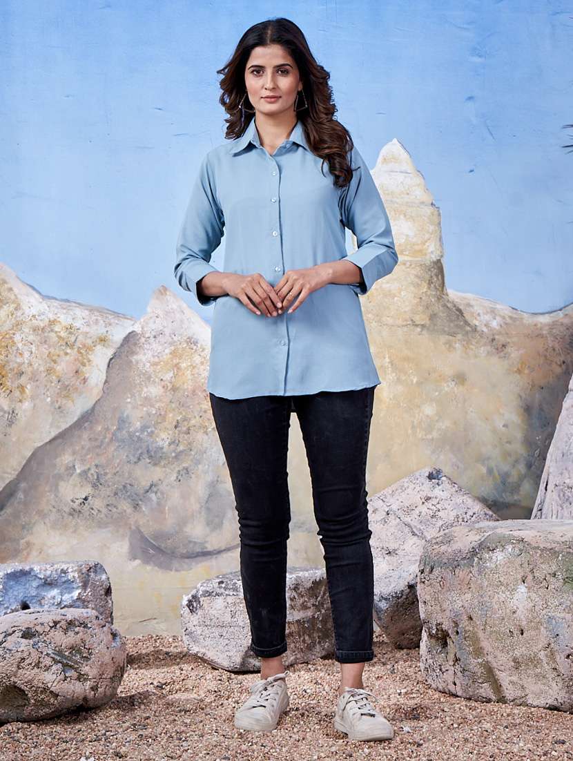 women collared solid regular shirt - 21333049 - Standard Image - 2