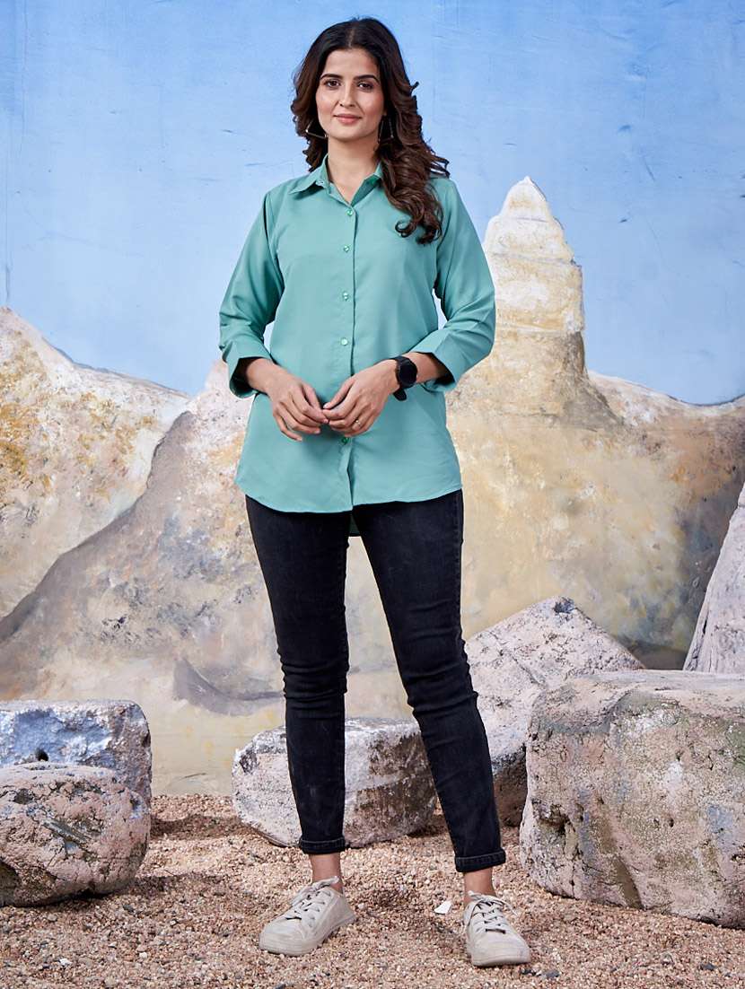 women collared solid regular shirt - 21333052 - Standard Image - 2