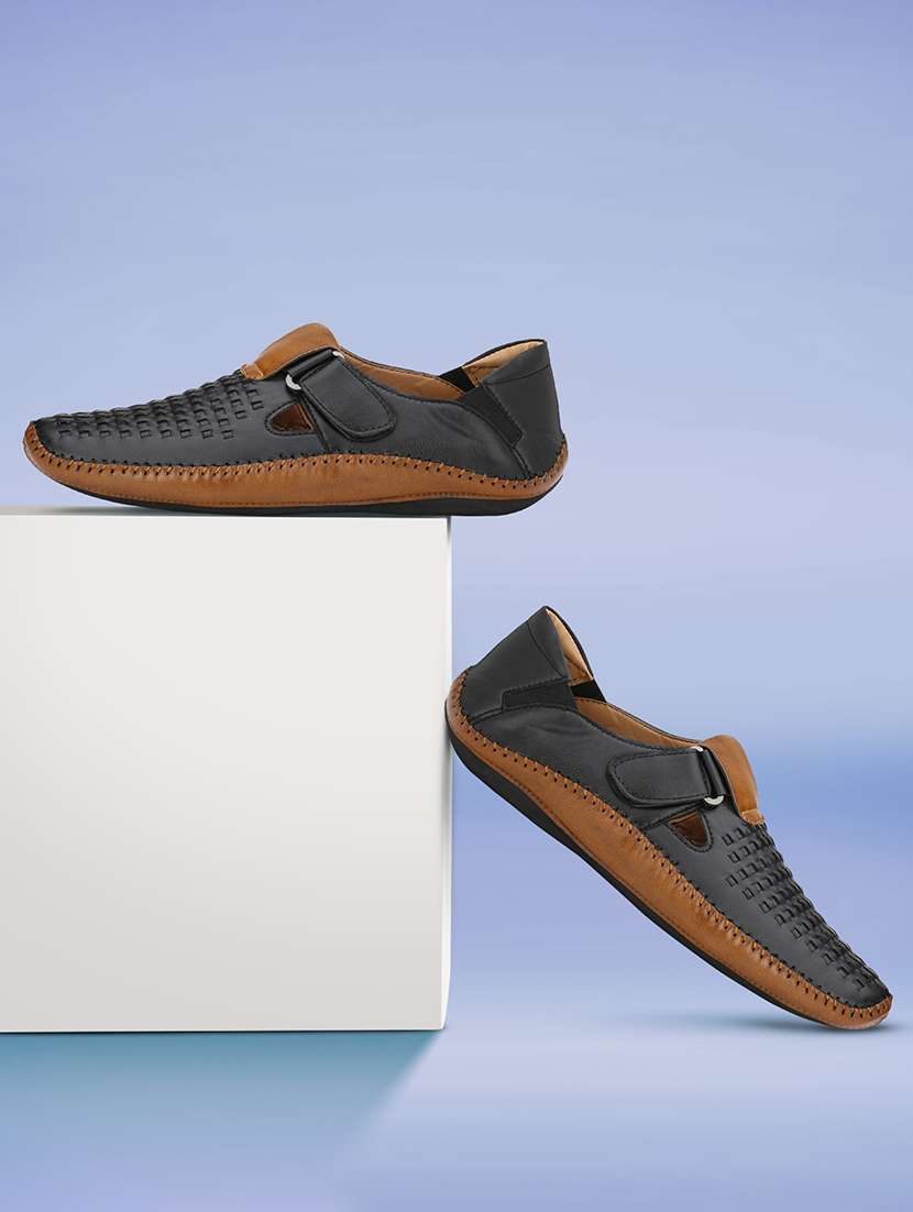 black leatherette slip on sandals