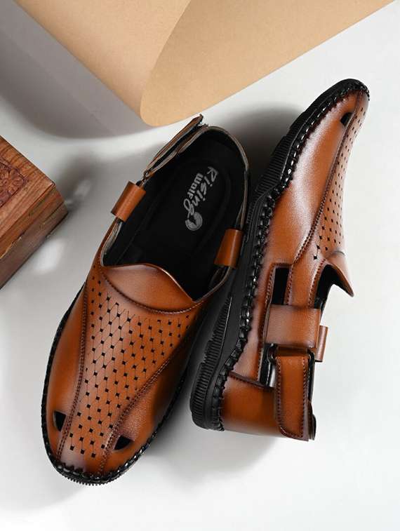 brown leatherette slip on sandals