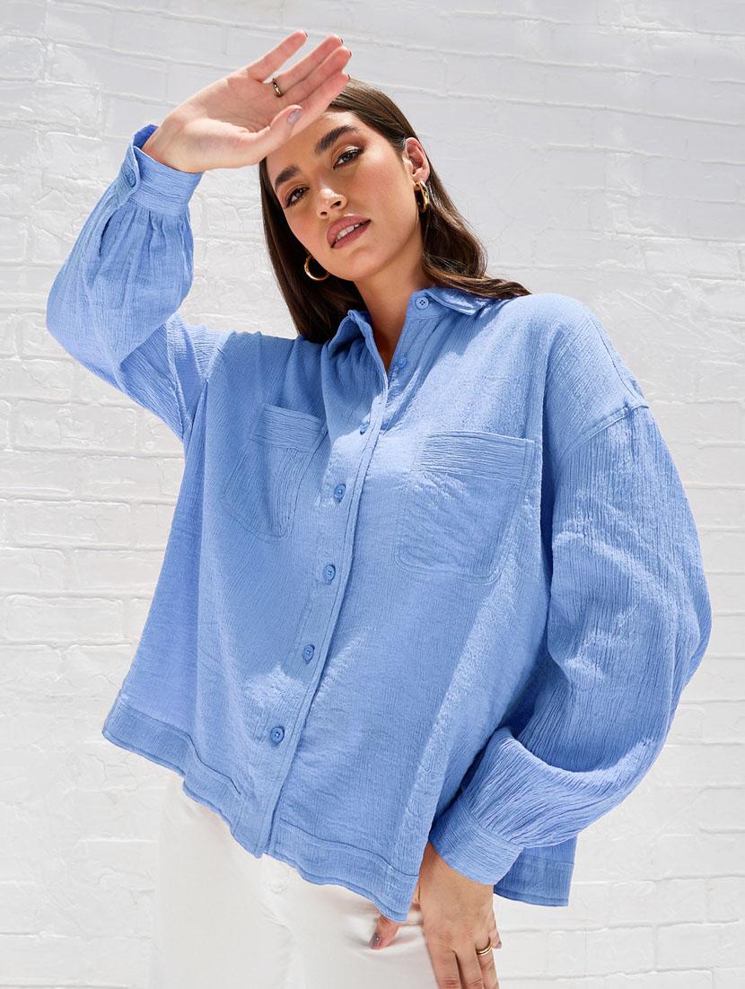 women solid collared puff sleeve oversized shirt - 21334261 - Zoom Image - 0