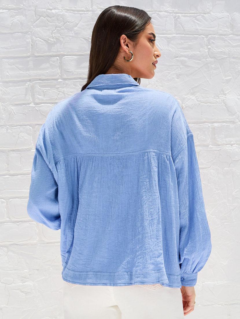 women solid collared puff sleeve oversized shirt - 21334261 - Standard Image - 2