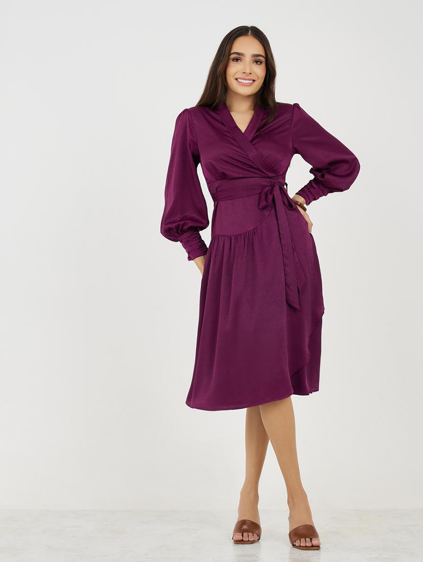 women solid puff sleeves wrap dress