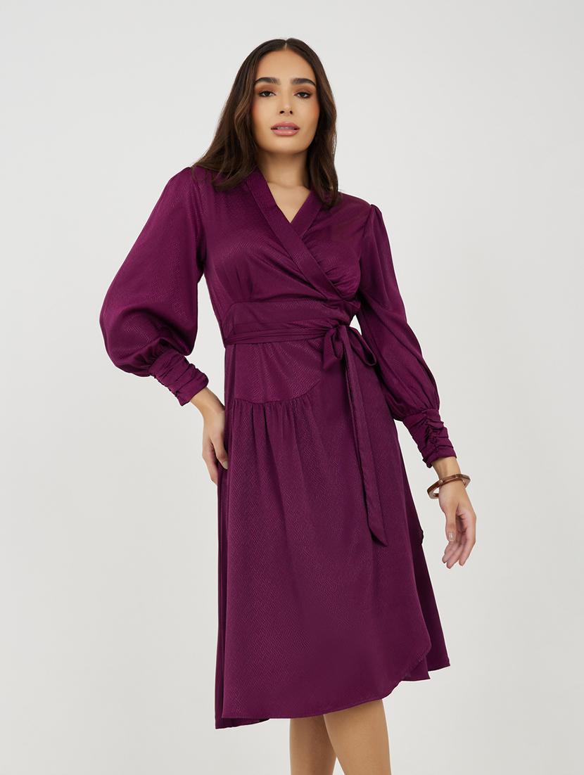 women solid puff sleeves wrap dress - 21334274 - Standard Image - 2