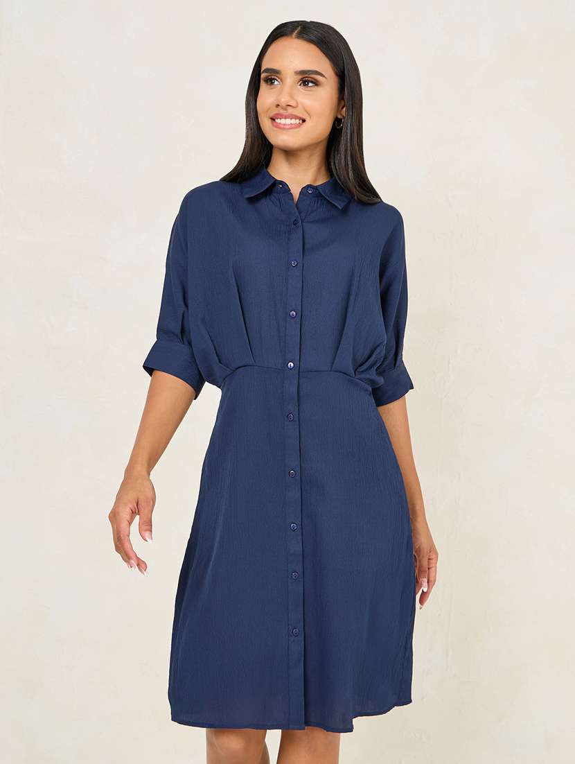 women navy blue polyester shirt dress