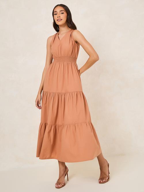 women brown cotton tiered dress - 21334325 - Standard Image - 0