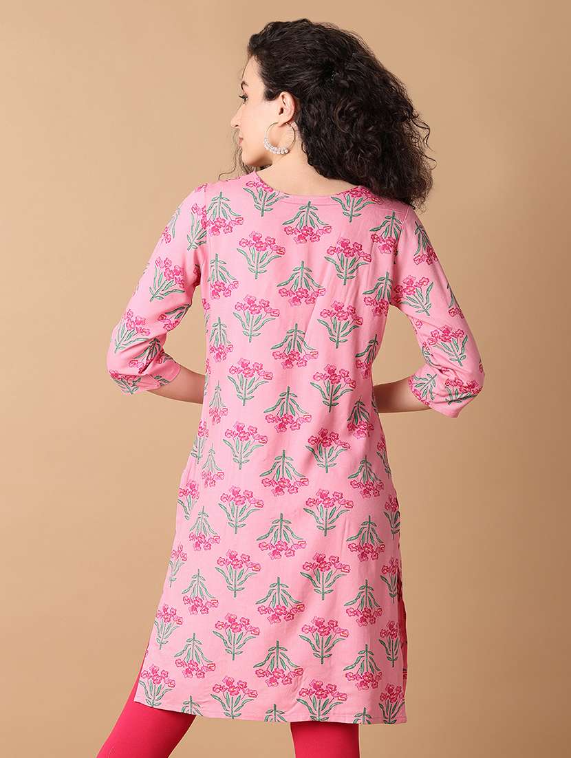 women pink floral round neck straight kurti - 21335915 -  Standard Image - 2