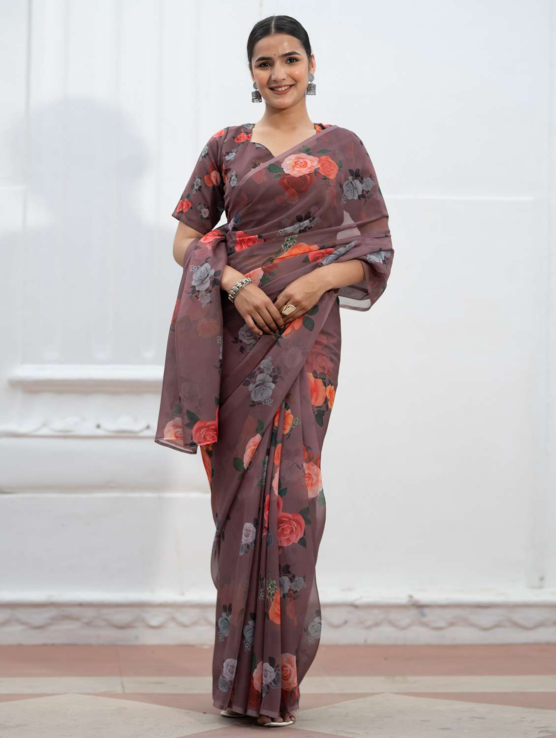 brown georgette printed saree with blouse