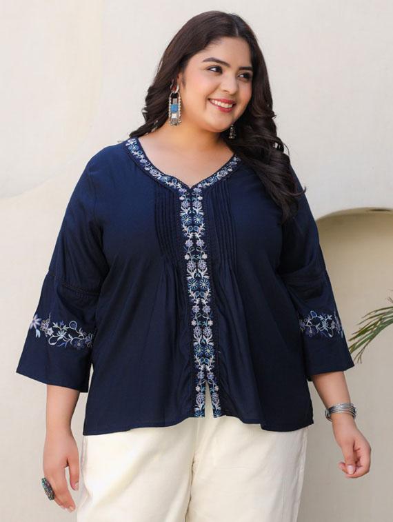 women navy blue rayon plus size tunic - 21337687 - Standard Image - 2