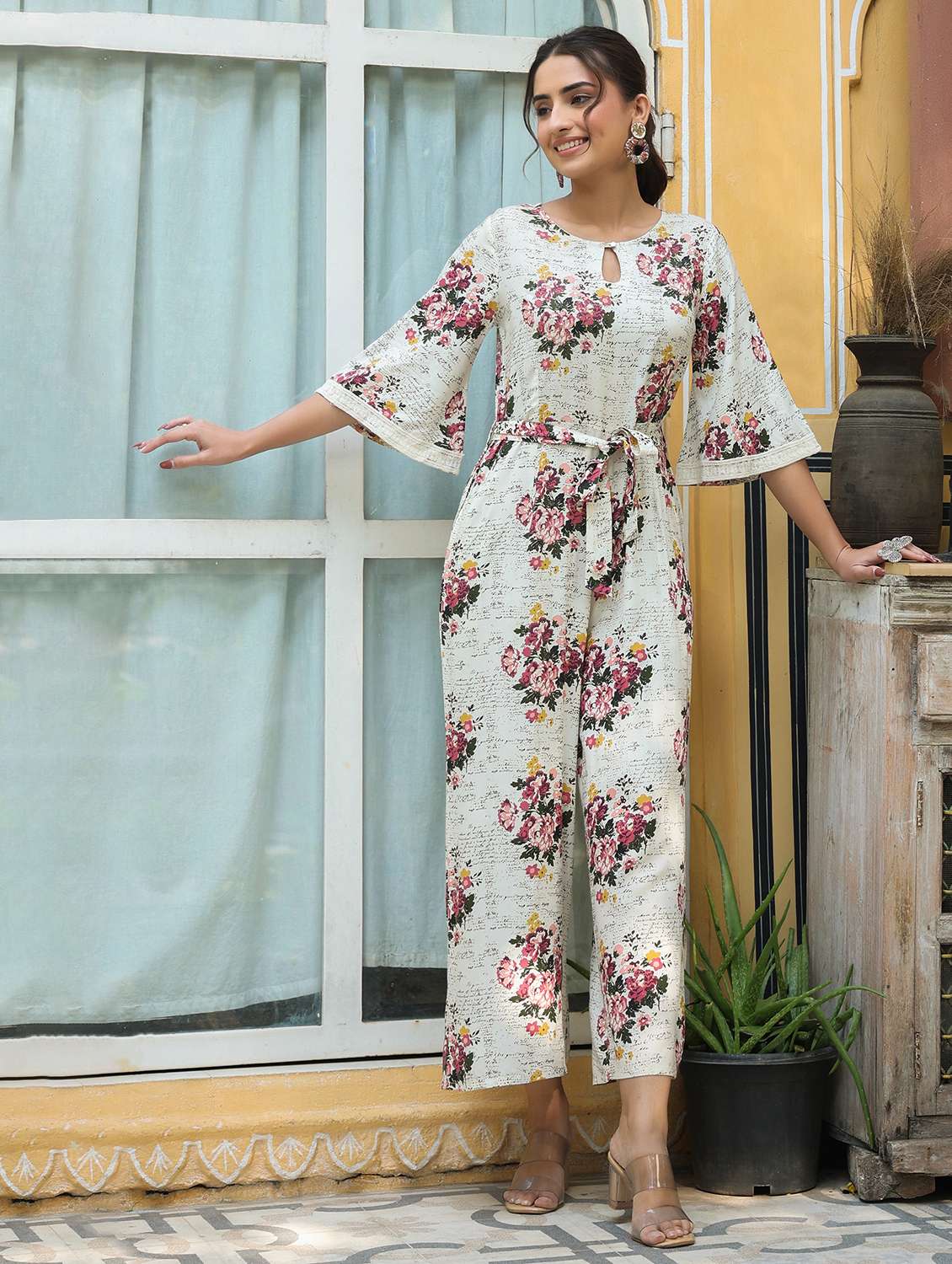 women off white rayon full leg jumpsuit