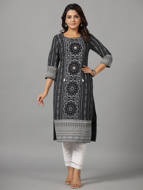 black rayon straight kurta - 21337715 -  Standard Image - 0