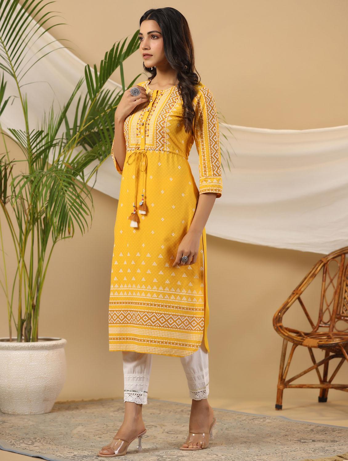 mustard rayon straight kurta - 21337722 - Standard Image - 2