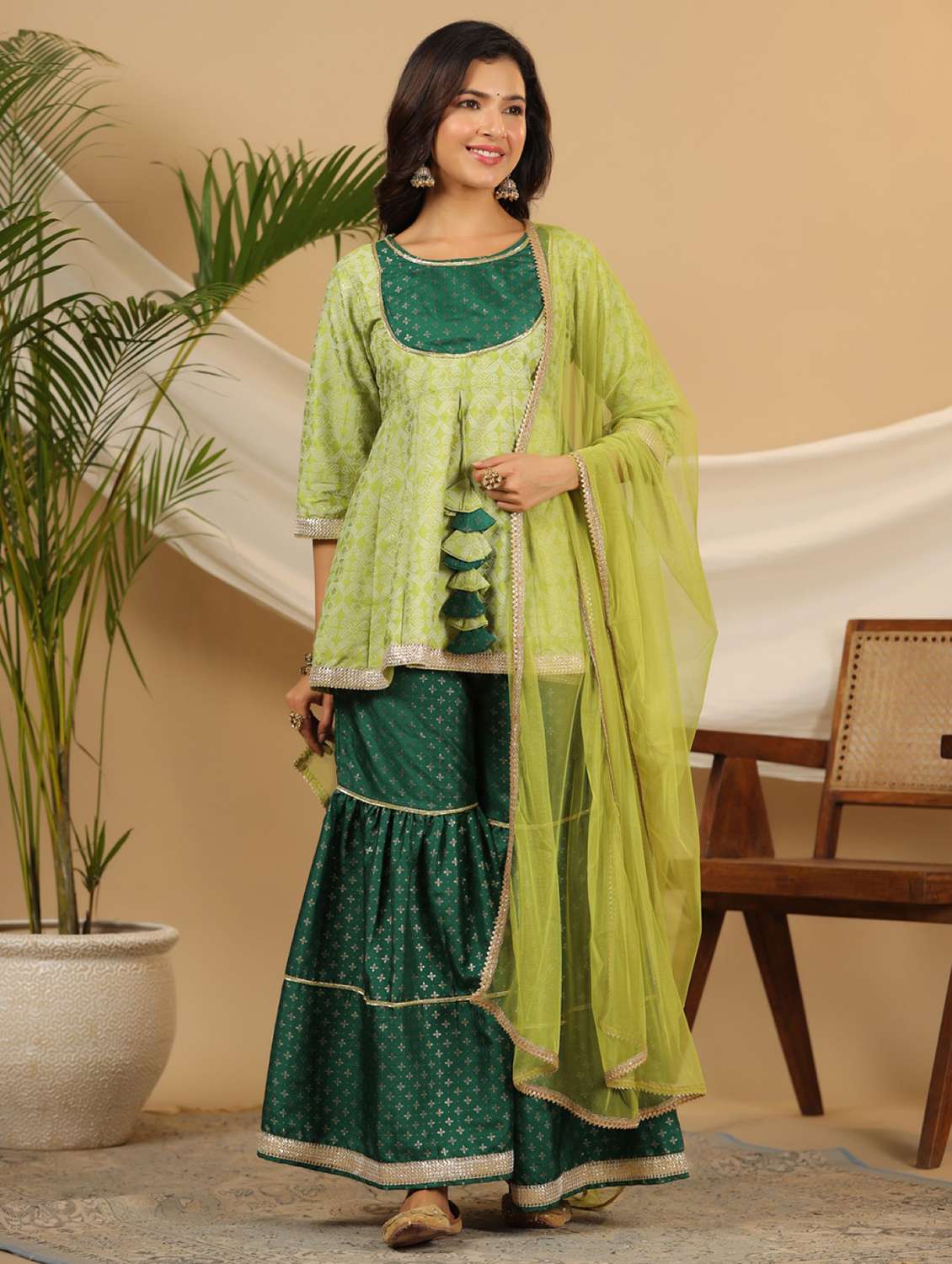green printed kurta sharara suit set