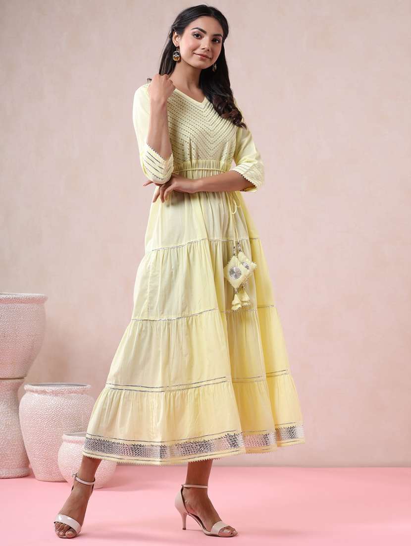women yellow v neck tiered dress - 21337749 -  Standard Image - 2
